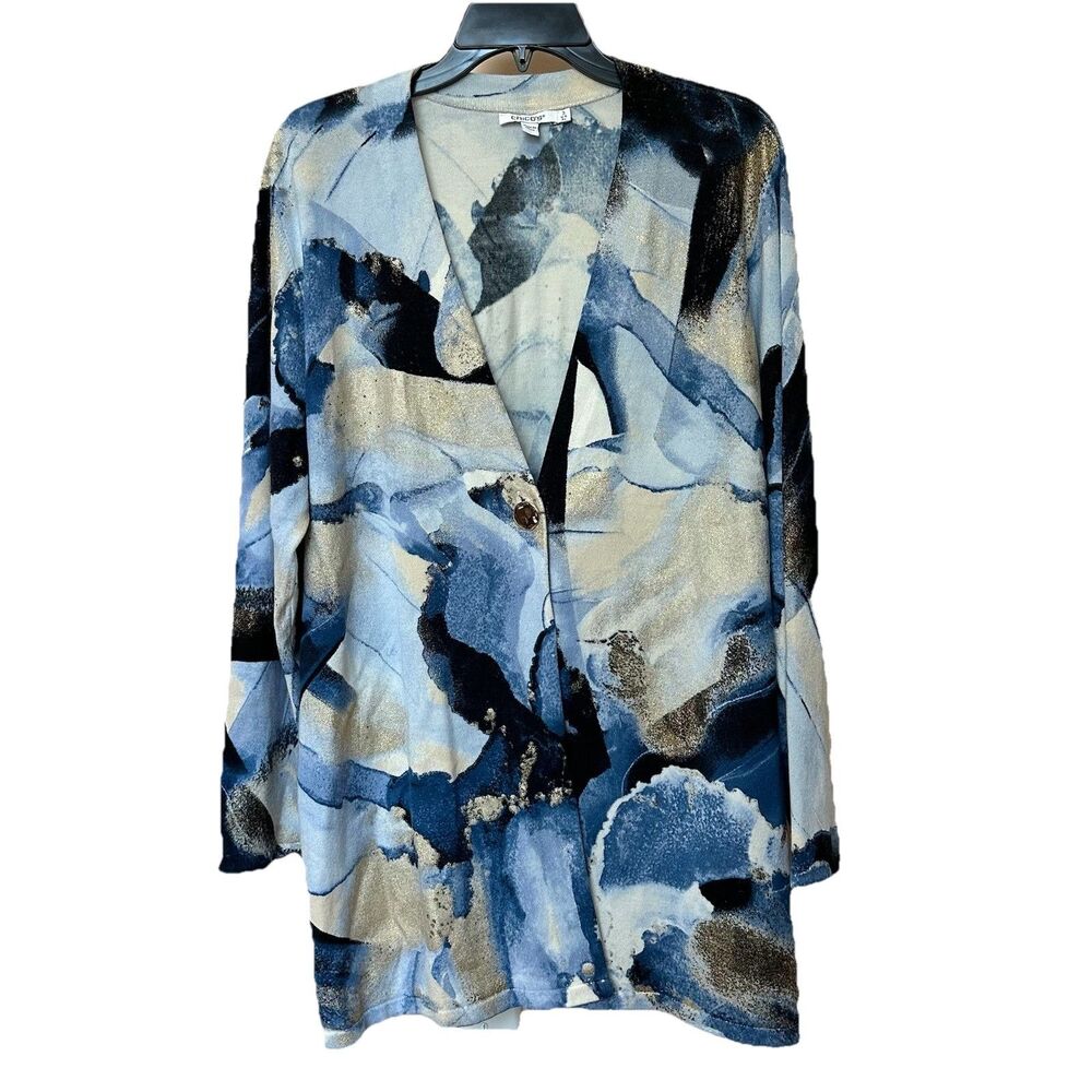 Chicos Cardigan XL 3 Blue Gold 1 Button Travel Cruise Resort Artsy Coastal